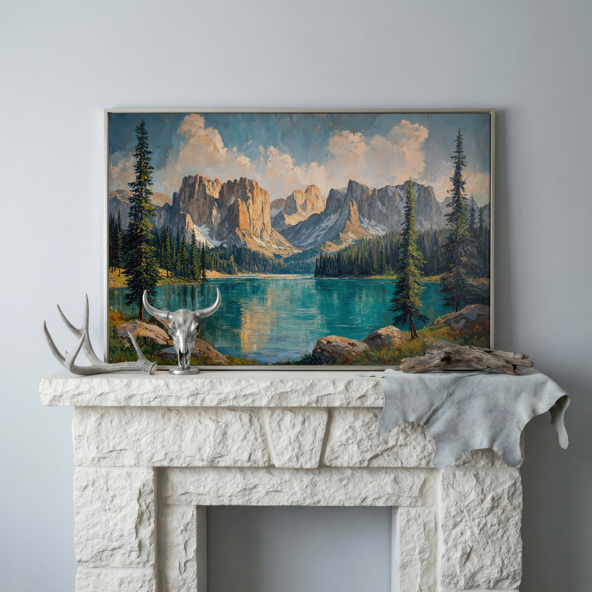 Mountain Lake & Pine Forest Canvas in silver floating frame