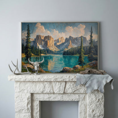 Mountain Lake & Pine Forest Canvas in silver floating frame