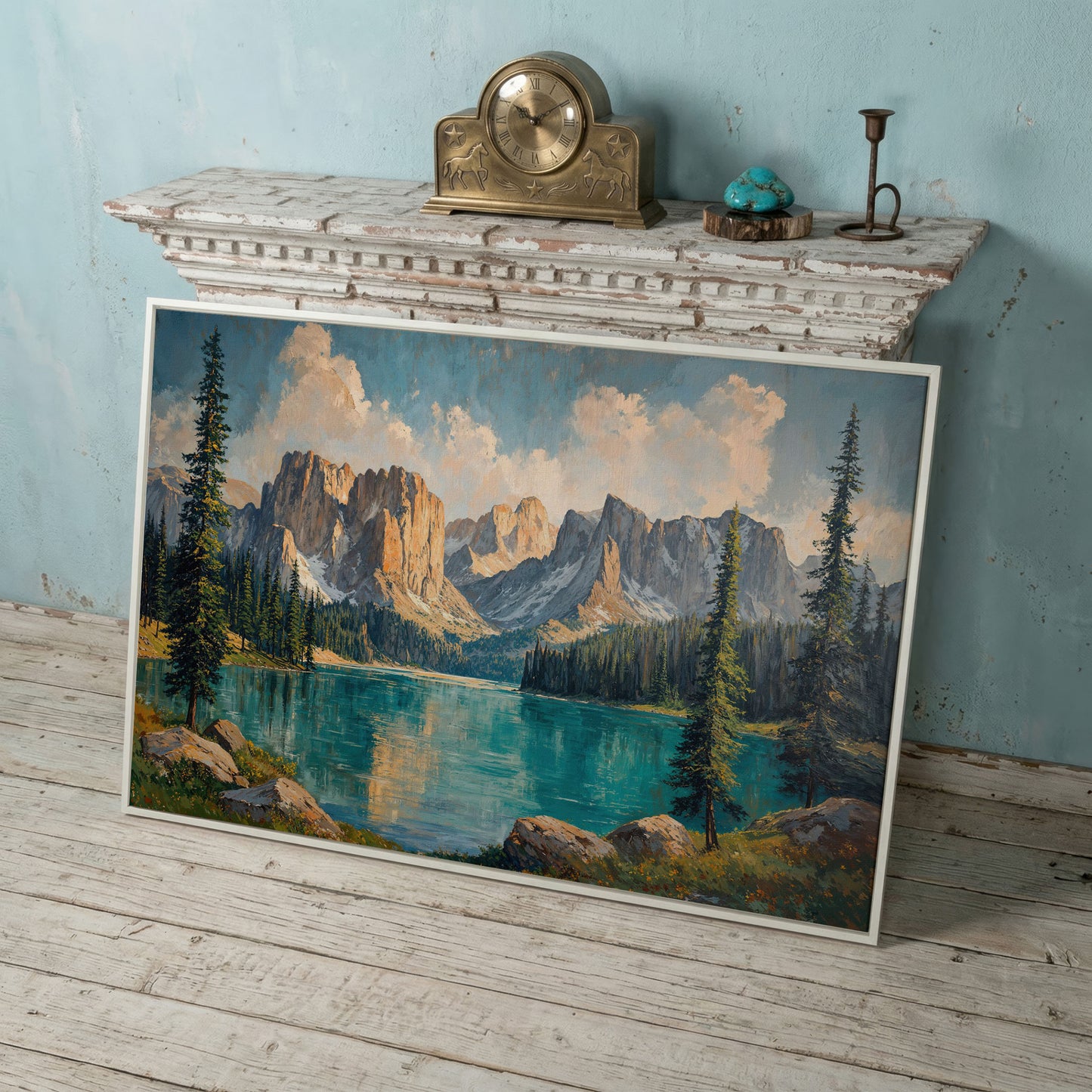Mountain Lake & Pine Forest Canvas in white floating frame