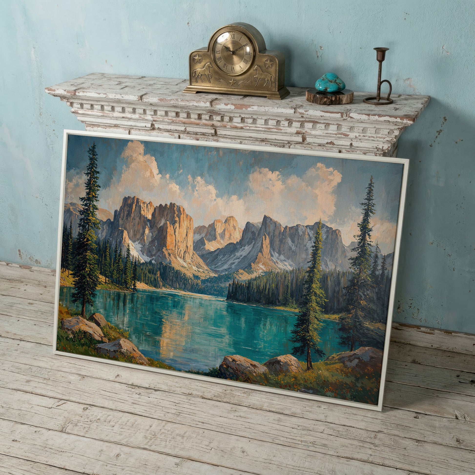 Mountain Lake & Pine Forest Canvas in white floating frame