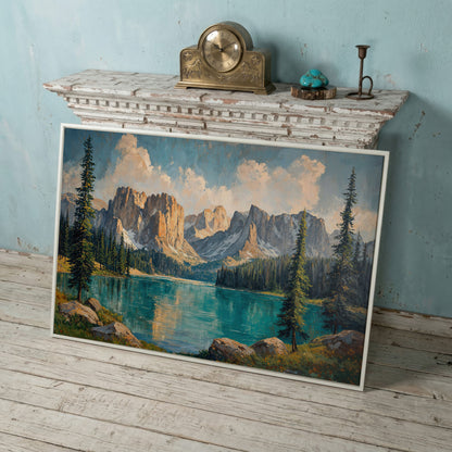 Mountain Lake & Pine Forest Canvas in white floating frame
