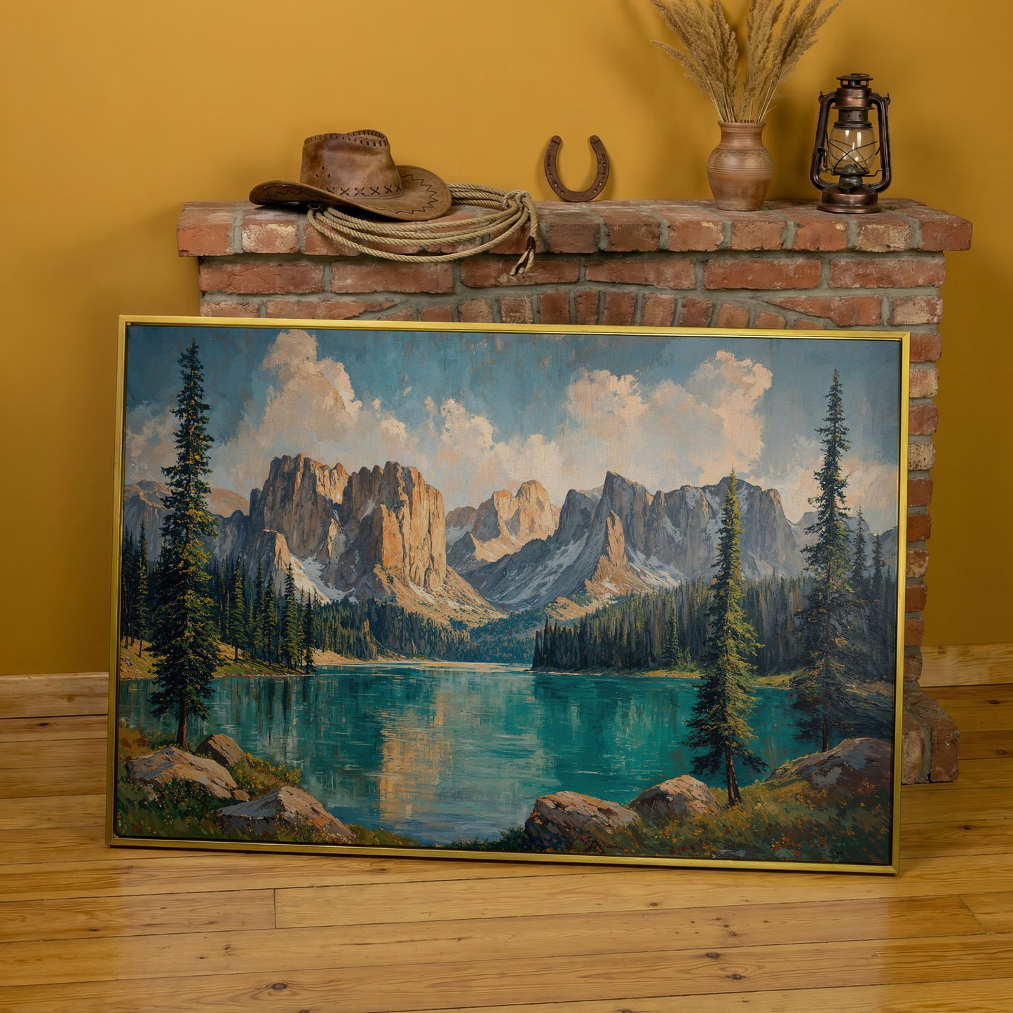 Mountain Lake & Pine Forest Canvas in yellow gold floating frame