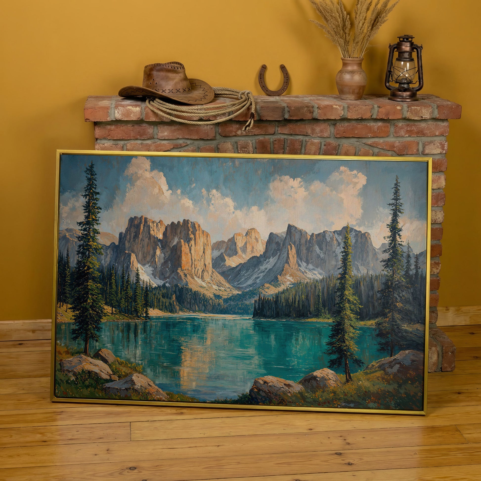 Mountain Lake & Pine Forest Canvas in yellow gold floating frame