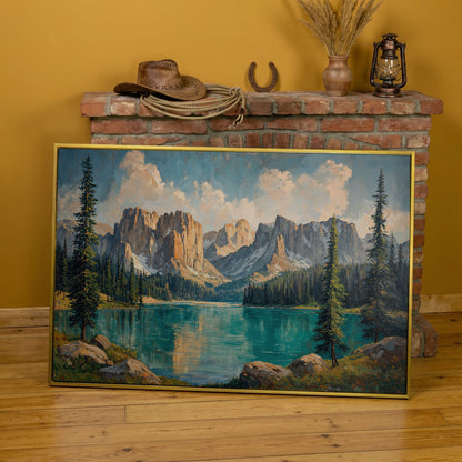 Mountain Lake & Pine Forest Canvas in yellow gold floating frame