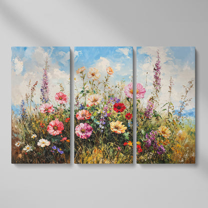 Wildflower Meadow with Cerulean Sky Canvas Print as 3-panel split version
