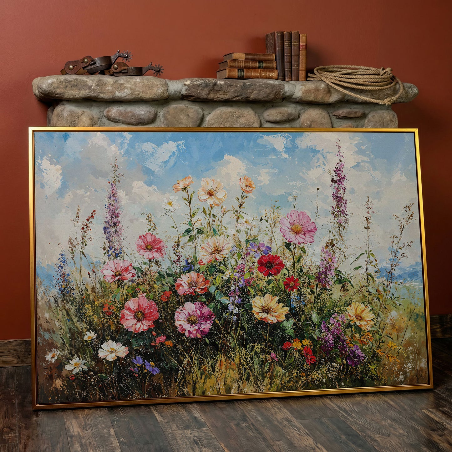 Wildflower Meadow with Cerulean Sky Canvas Print in antique gold floating frame