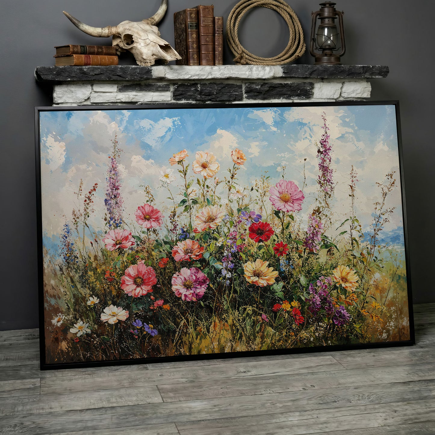 Wildflower Meadow with Cerulean Sky Canvas Print in black floating frame