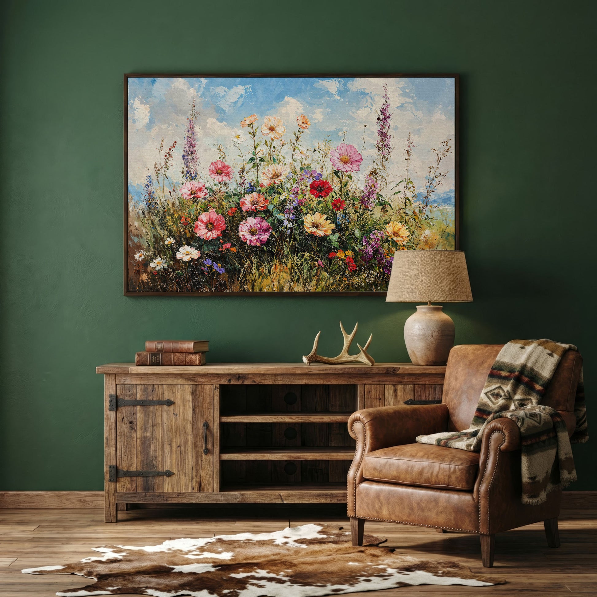 Wildflower Meadow with Cerulean Sky Canvas Print in dark walnut floating frame