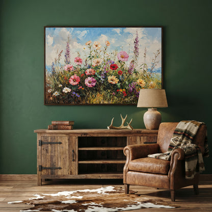 Wildflower Meadow with Cerulean Sky Canvas Print in dark walnut floating frame