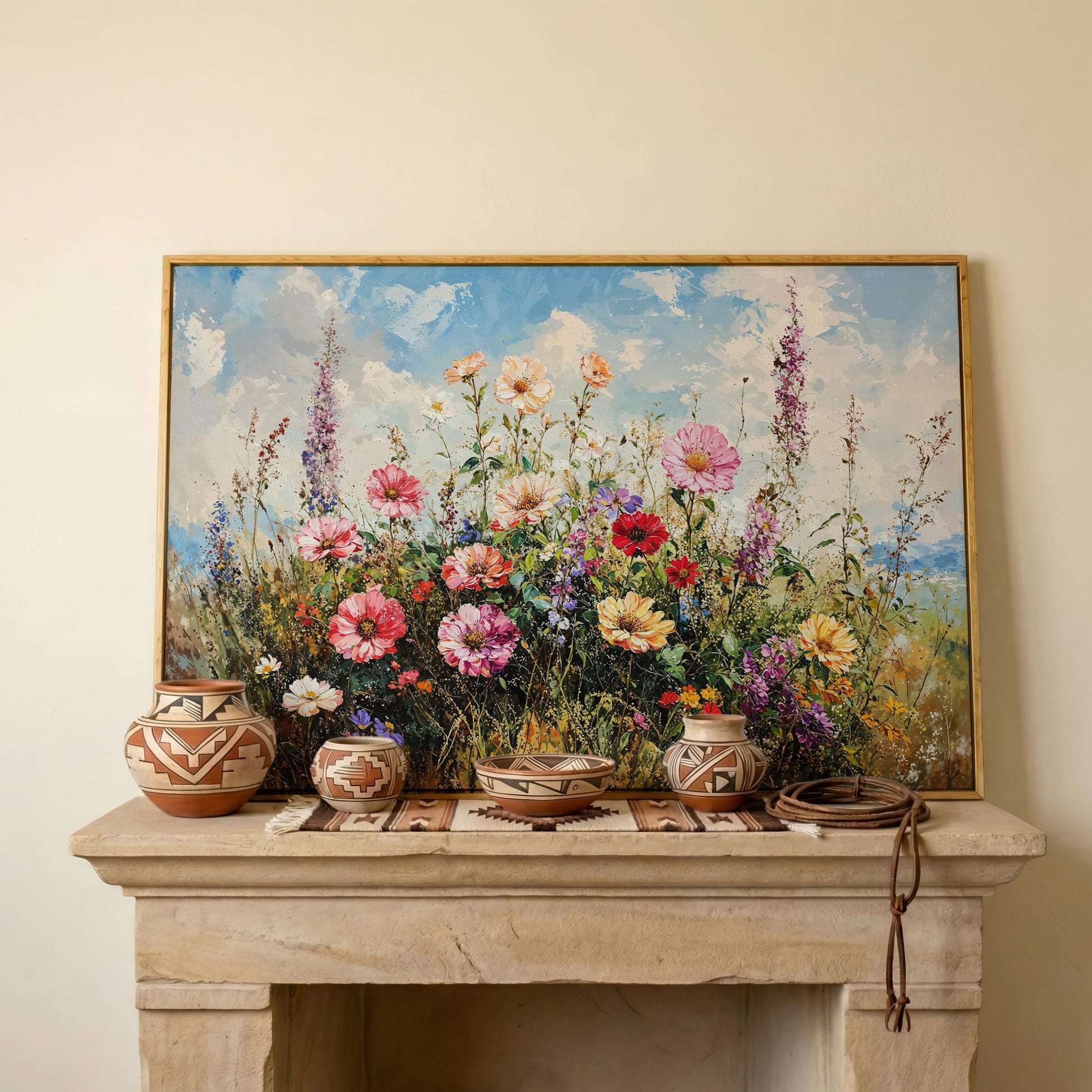 Wildflower Meadow with Cerulean Sky Canvas Print in white oak floating frame