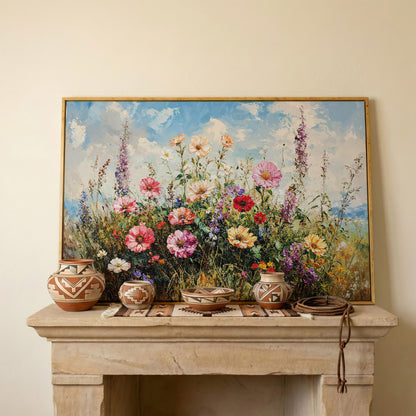 Wildflower Meadow with Cerulean Sky Canvas Print in white oak floating frame