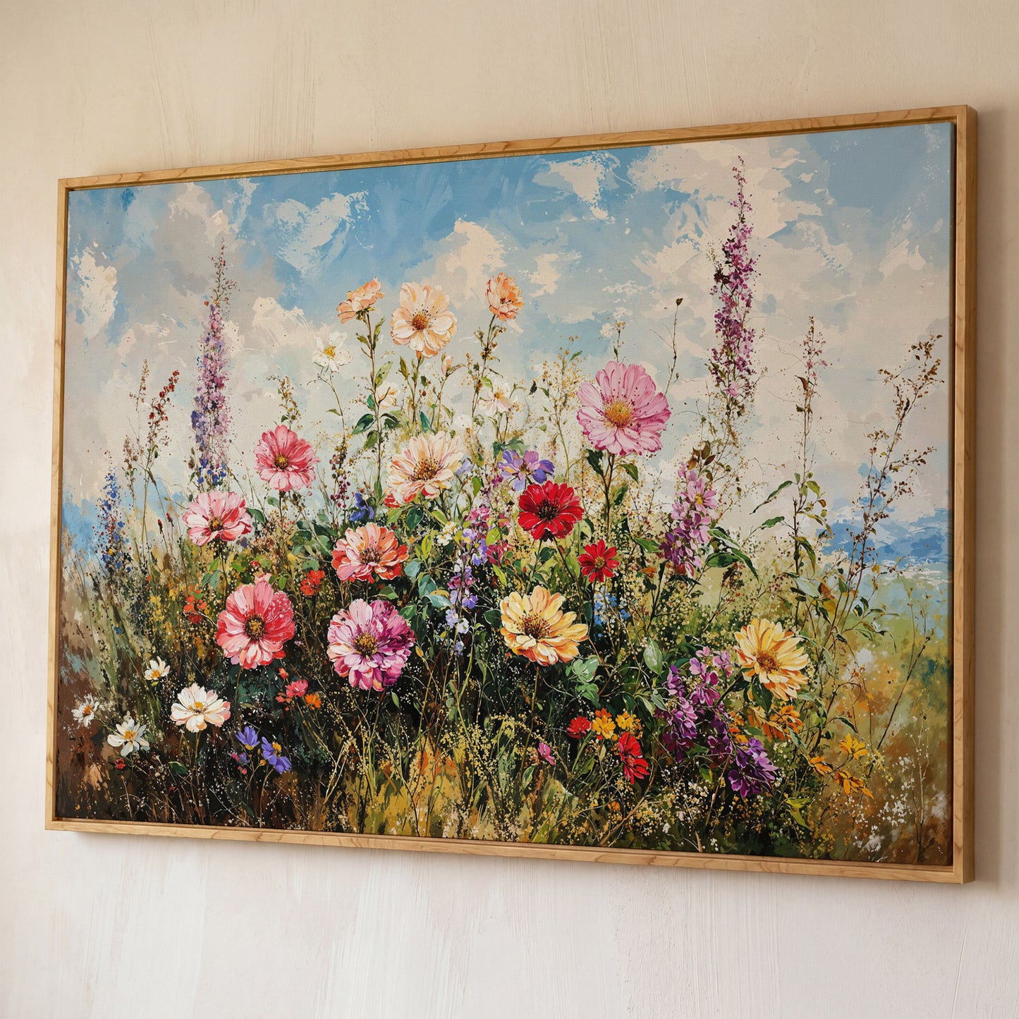 Wildflower Meadow with Cerulean Sky Canvas Print shown in white oak floating frame
