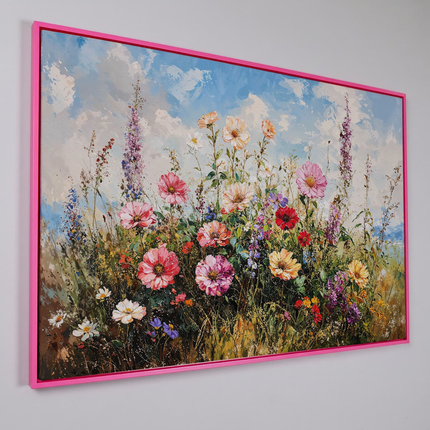Wildflower Meadow with Cerulean Sky Canvas Print in pink floating frame