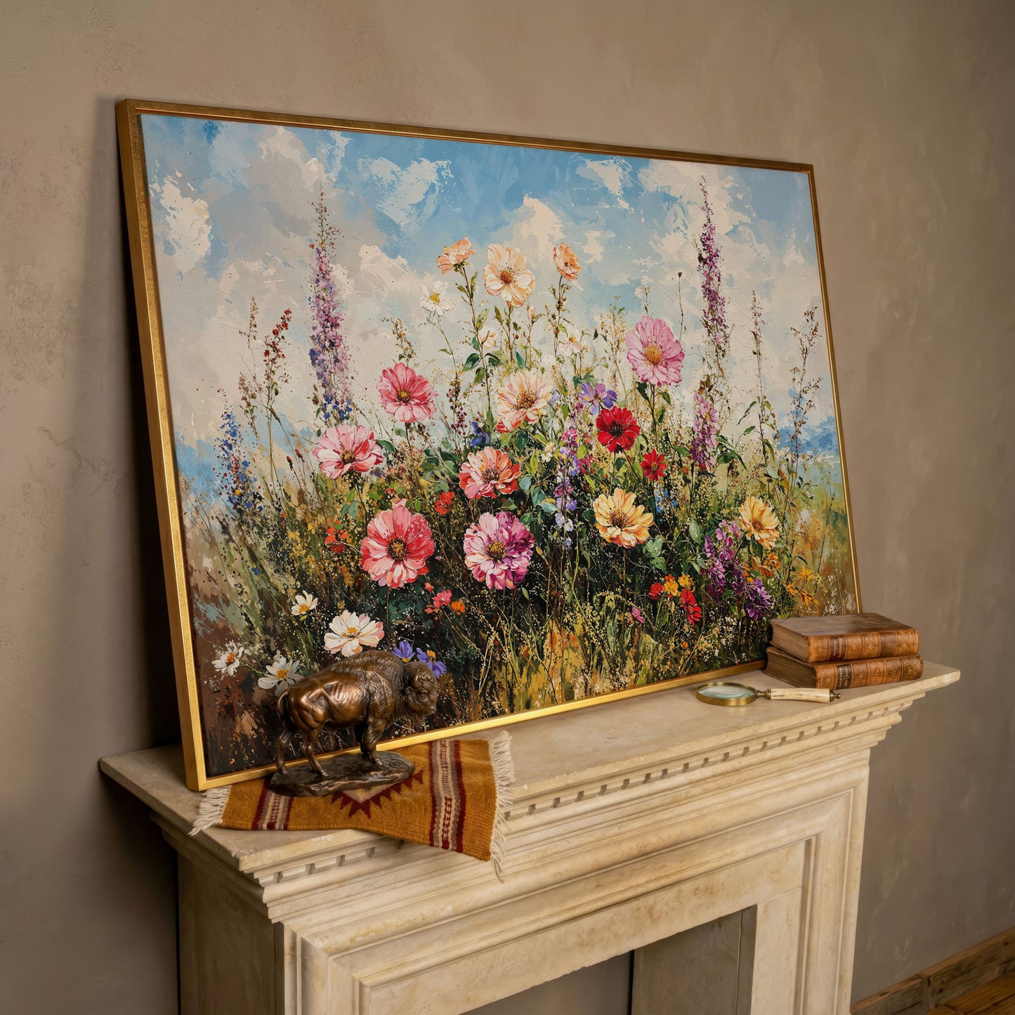 Wildflower Meadow with Cerulean Sky Canvas Print in rose gold floating frame
