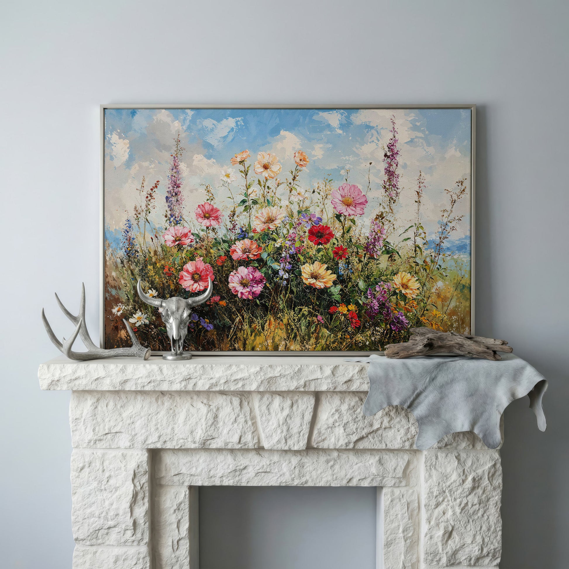 Wildflower Meadow with Cerulean Sky Canvas Print in silver floating frame