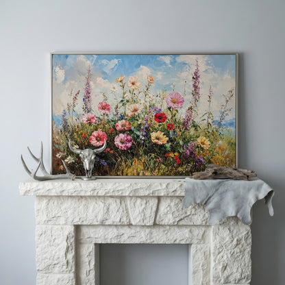 Wildflower Meadow with Cerulean Sky Canvas Print in silver floating frame