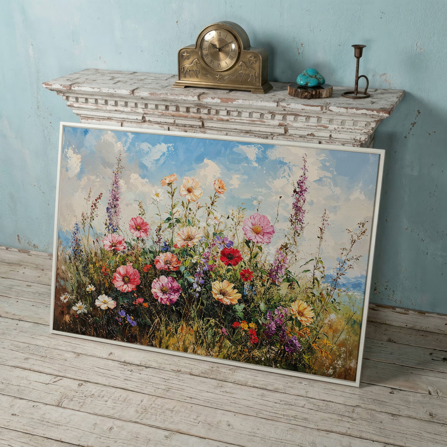 Wildflower Meadow with Cerulean Sky Canvas Print in white floating frame