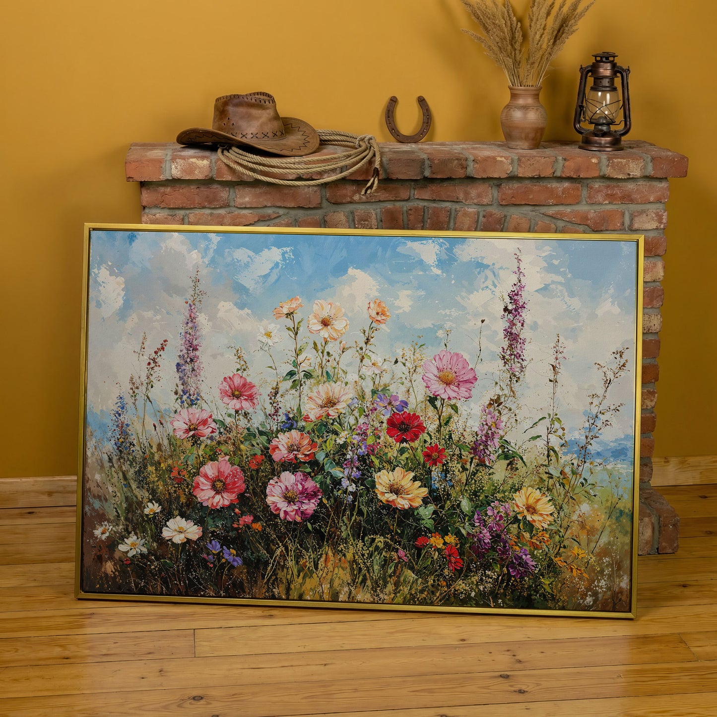 Wildflower Meadow with Cerulean Sky Canvas Print in yellow gold floating frame
