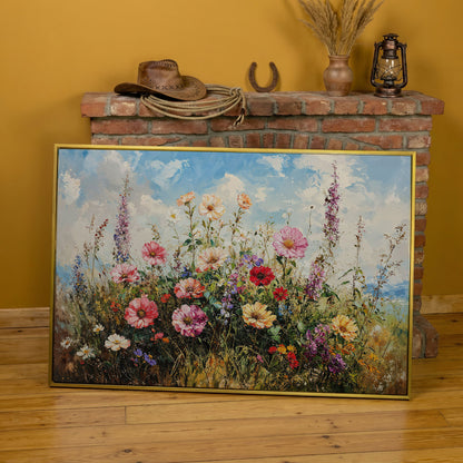 Wildflower Meadow with Cerulean Sky Canvas Print in yellow gold floating frame