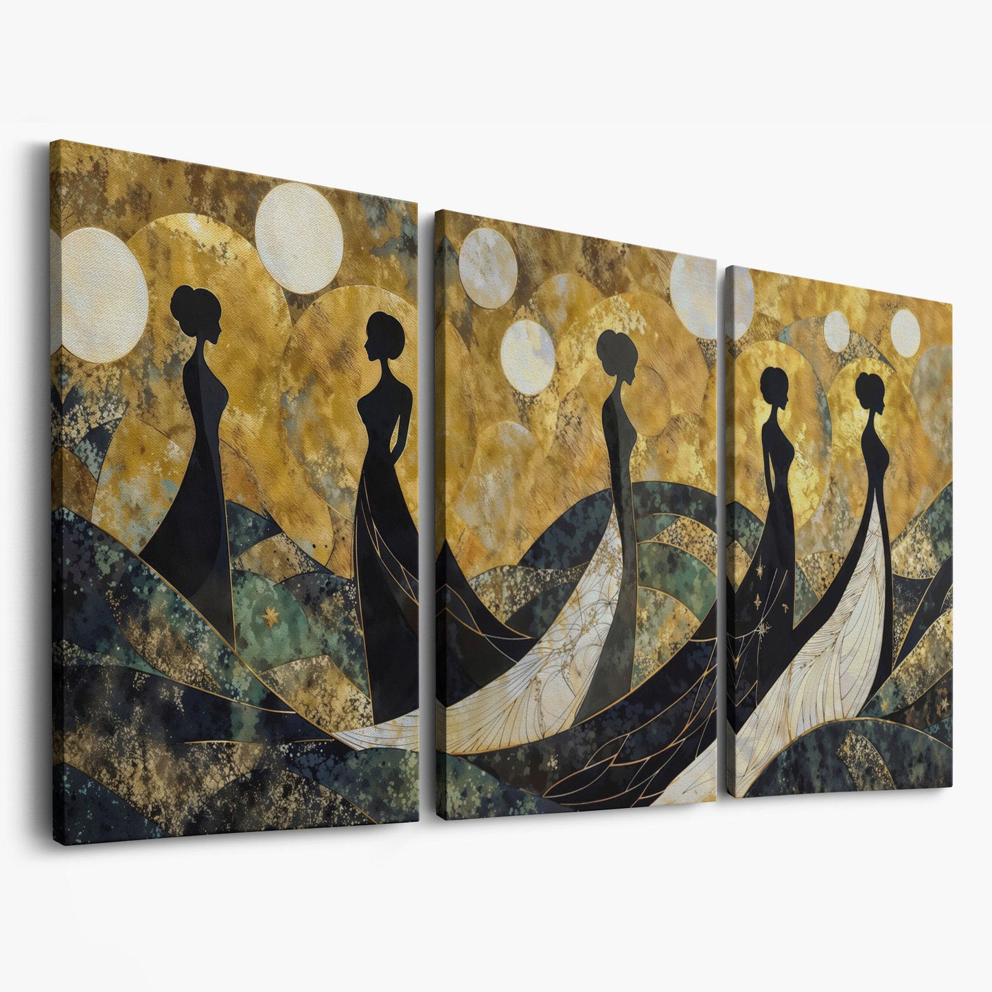 Art Deco Silhouettes in Gowns, Golden Orbs Abstract Canvas Wall Art on gallery wrap