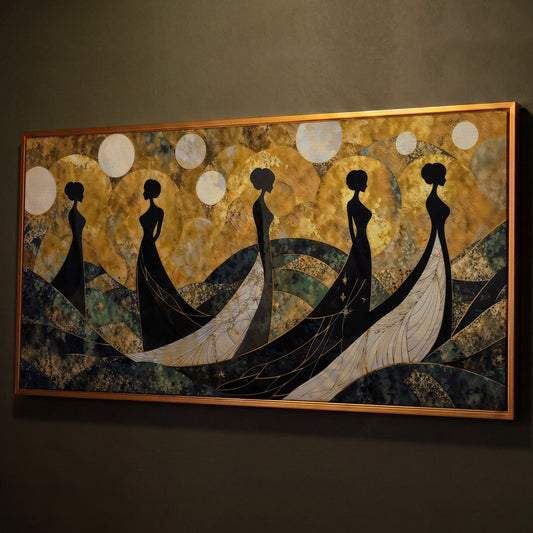 Art Deco Silhouettes in Gowns, Golden Orbs Abstract Canvas Wall Art wall art