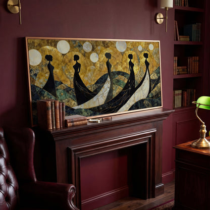 Art Deco Silhouettes in Gowns, Golden Orbs Abstract Canvas Wall Art in antique gold floating frame