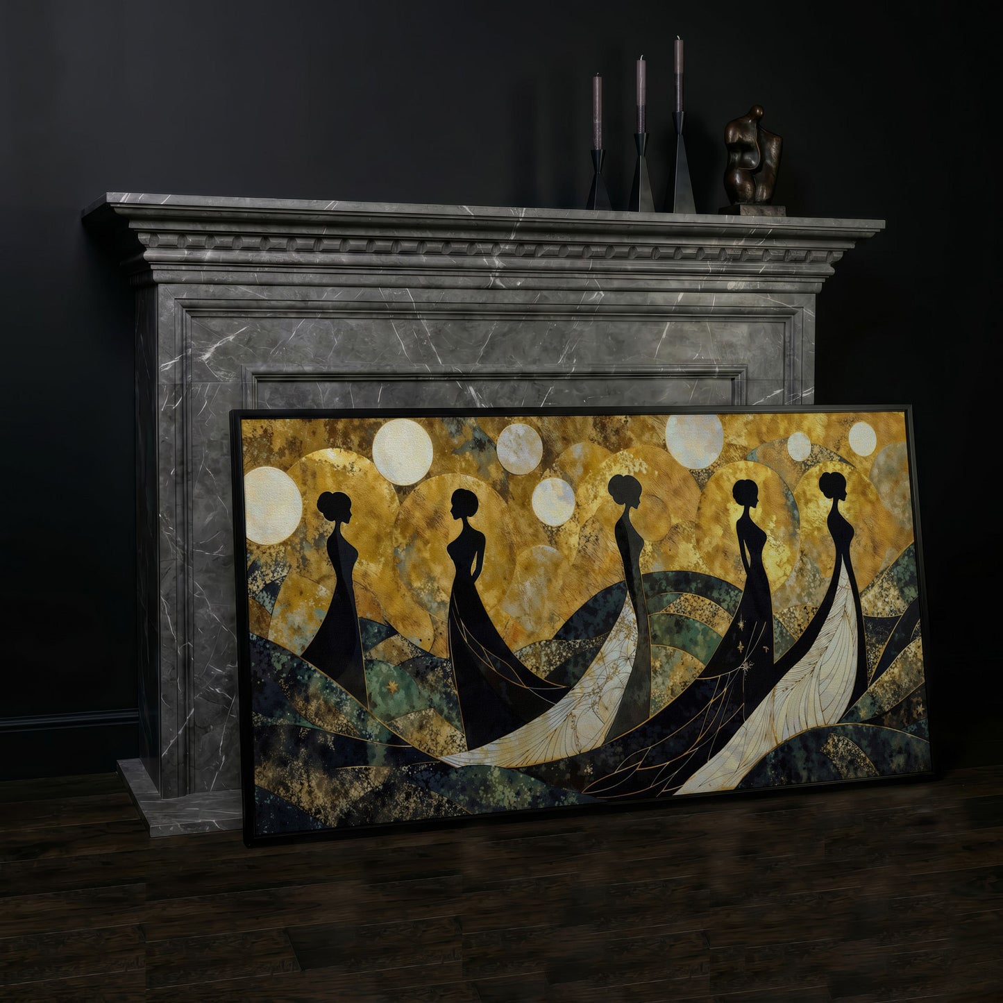 Art Deco Silhouettes in Gowns, Golden Orbs Abstract Canvas Art in black floating frame