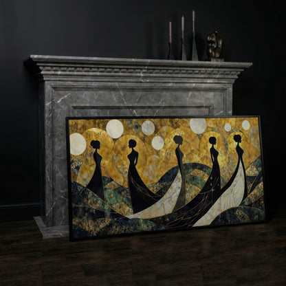 Art Deco Silhouettes in Gowns, Golden Orbs Abstract Canvas Wall Art in black floating frame