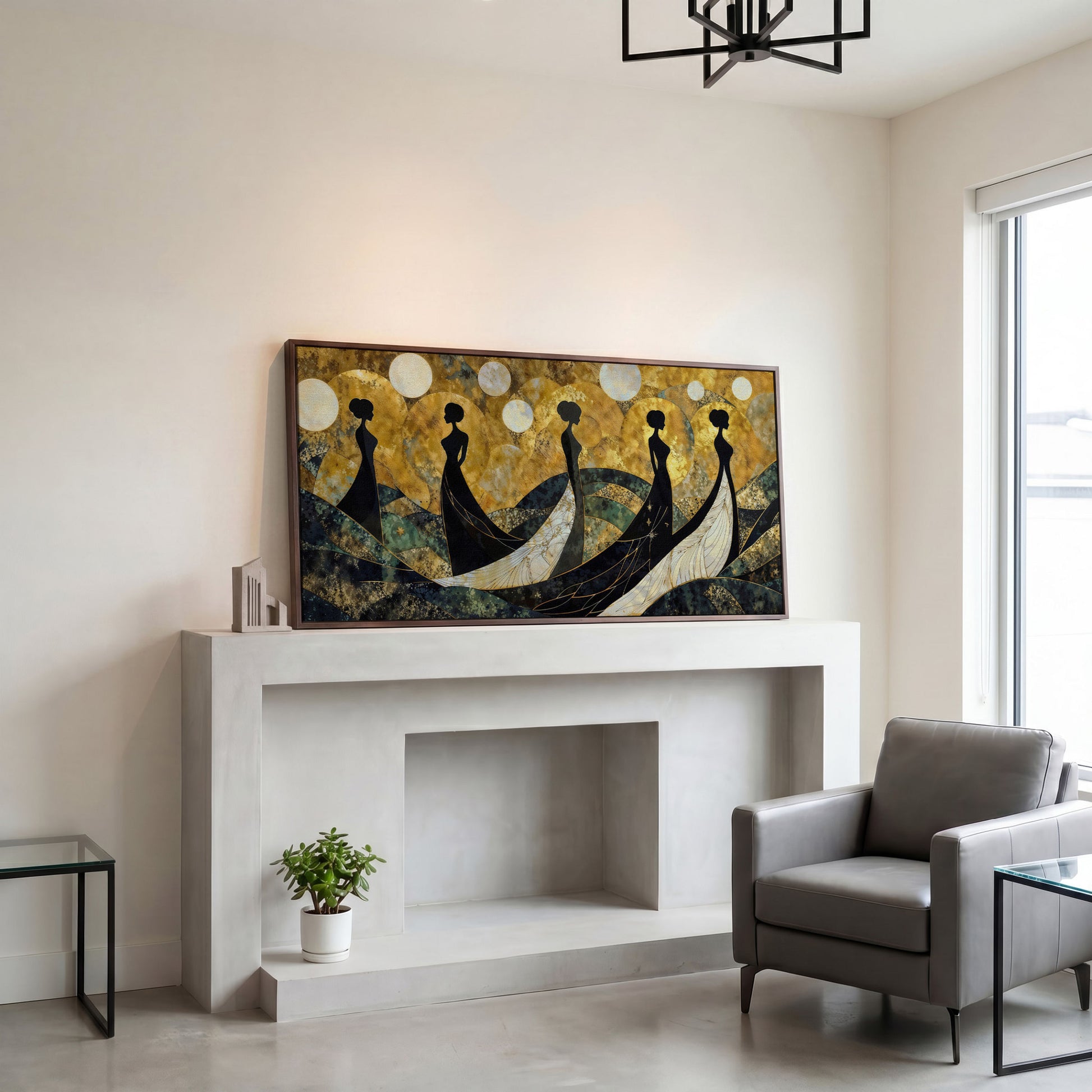 Art Deco Silhouettes in Gowns, Golden Orbs Abstract Canvas Art in dark walnut floating frame