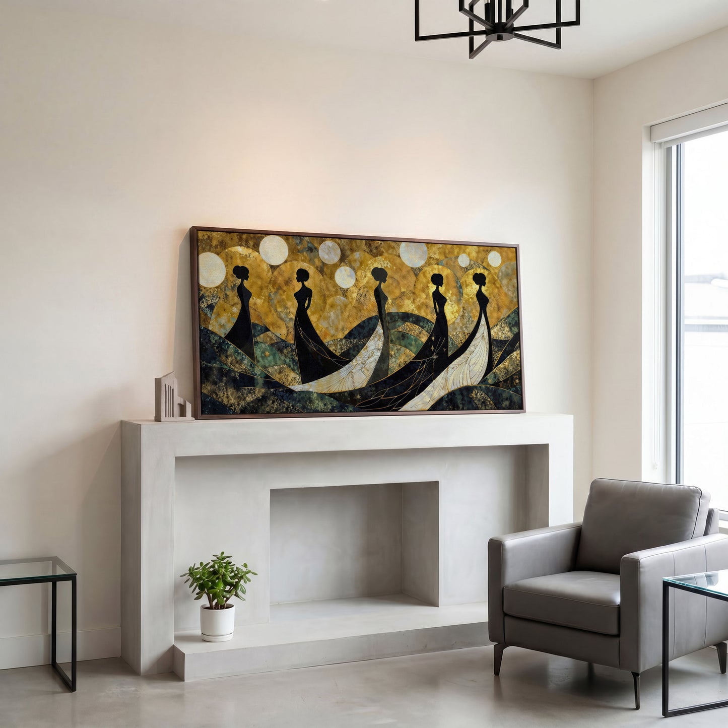 Art Deco Silhouettes in Gowns, Golden Orbs Abstract Canvas Wall Art in dark walnut floating frame