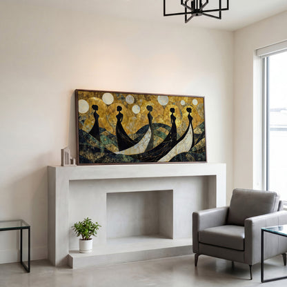 Art Deco Silhouettes in Gowns, Golden Orbs Abstract Canvas Wall Art in dark walnut floating frame