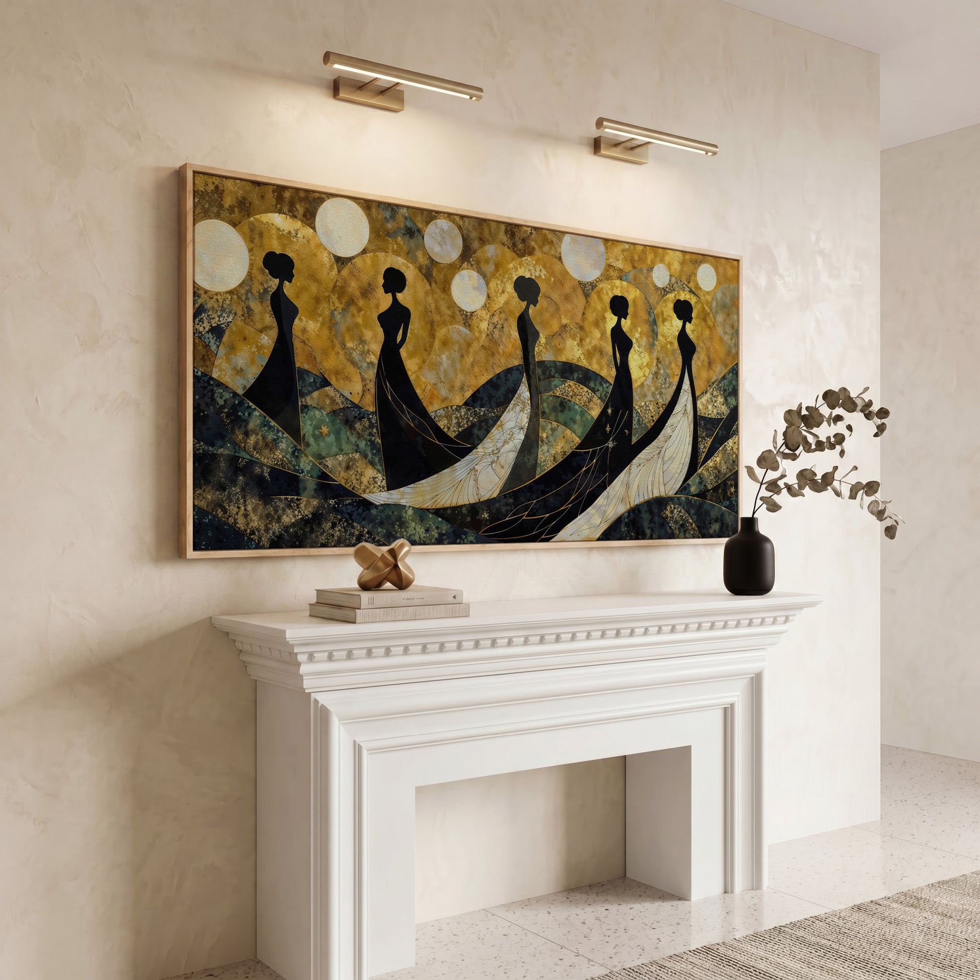 Art Deco Silhouettes in Gowns, Golden Orbs Abstract Canvas Art in white oak floating frame