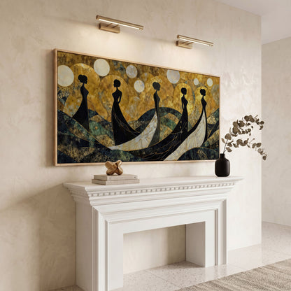 Art Deco Silhouettes in Gowns, Golden Orbs Abstract Canvas Art in white oak floating frame