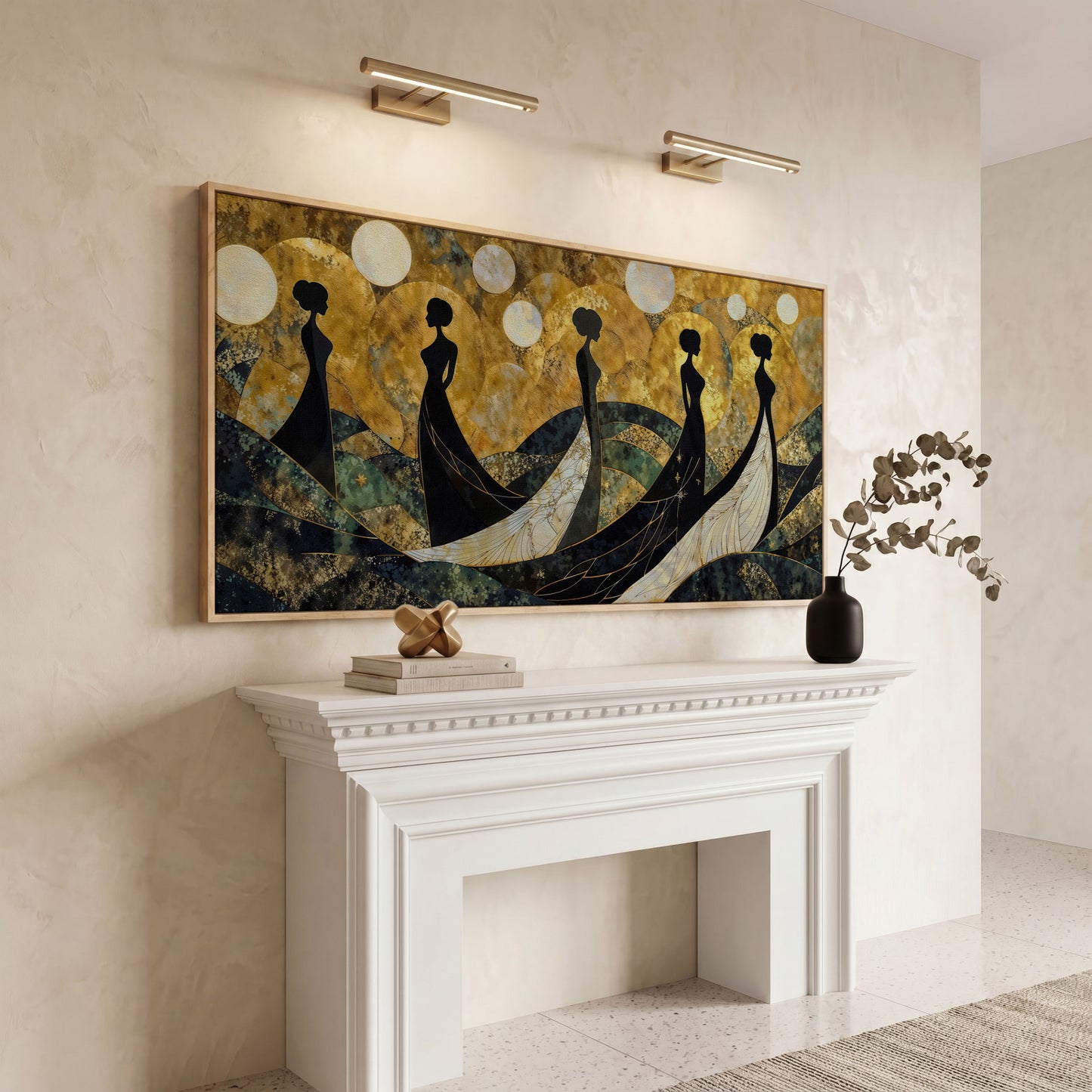 Art Deco Silhouettes in Gowns, Golden Orbs Abstract Canvas Wall Art in white oak floating frame
