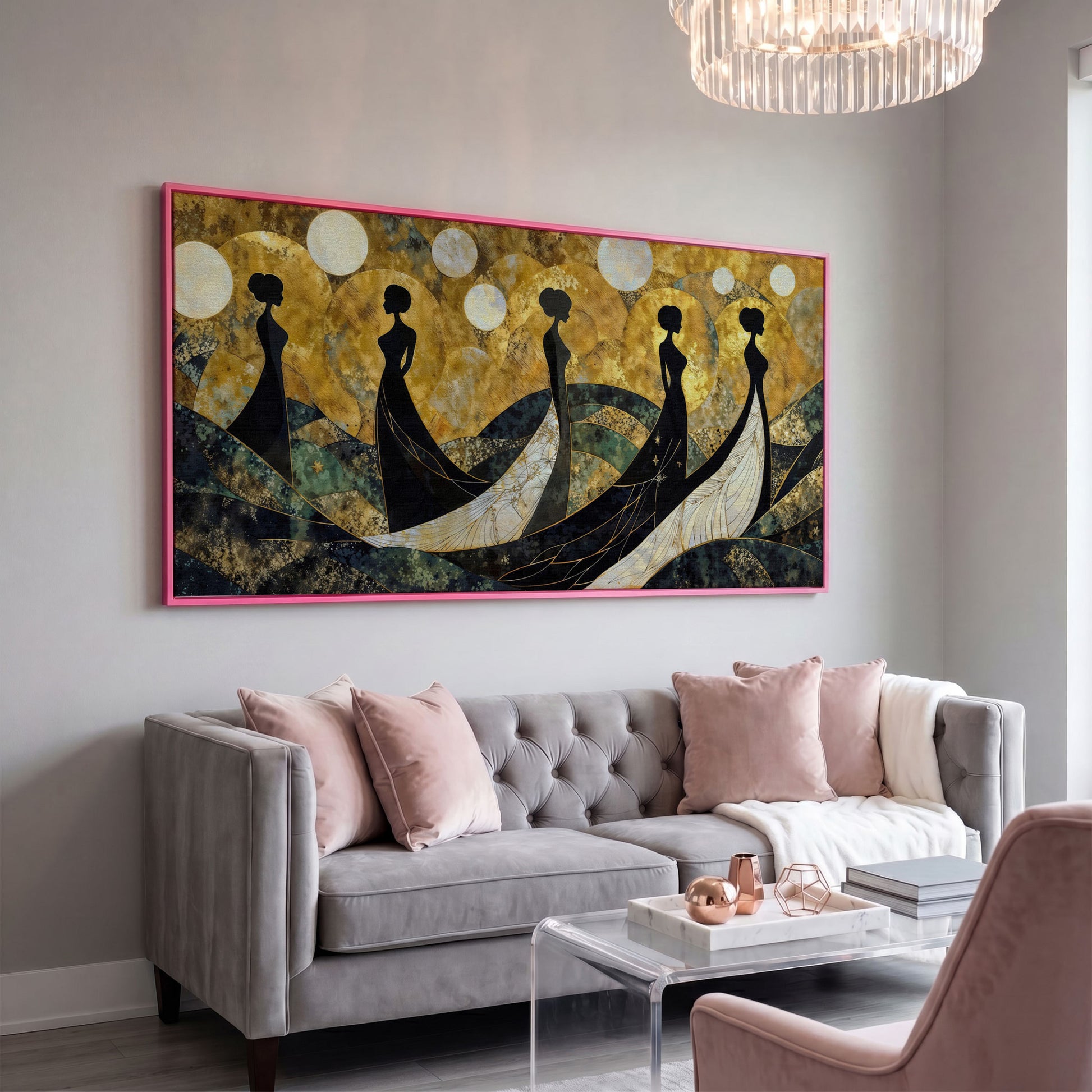 Art Deco Silhouettes in Gowns, Golden Orbs Abstract Canvas Art in pink floating frame