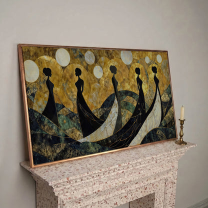 Art Deco Silhouettes in Gowns, Golden Orbs Abstract Canvas Wall Art in rose gold floating frame
