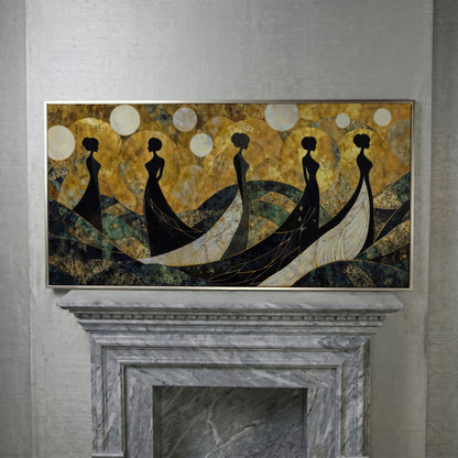 Art Deco Silhouettes in Gowns, Golden Orbs Abstract Canvas Wall Art in silver floating frame