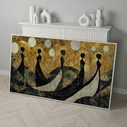 Art Deco Silhouettes in Gowns, Golden Orbs Abstract Canvas Wall Art in white floating frame