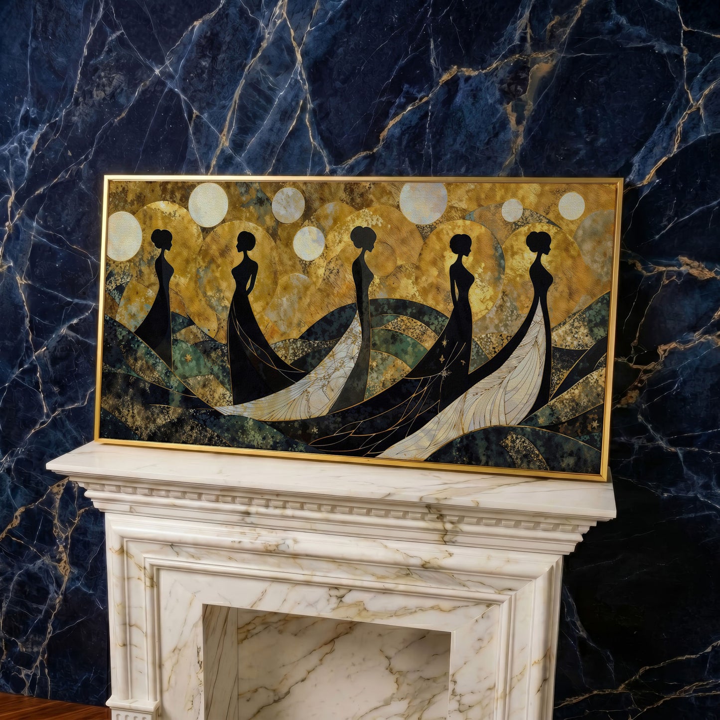 Art Deco Silhouettes in Gowns, Golden Orbs Abstract Canvas Art in yellow gold floating frame