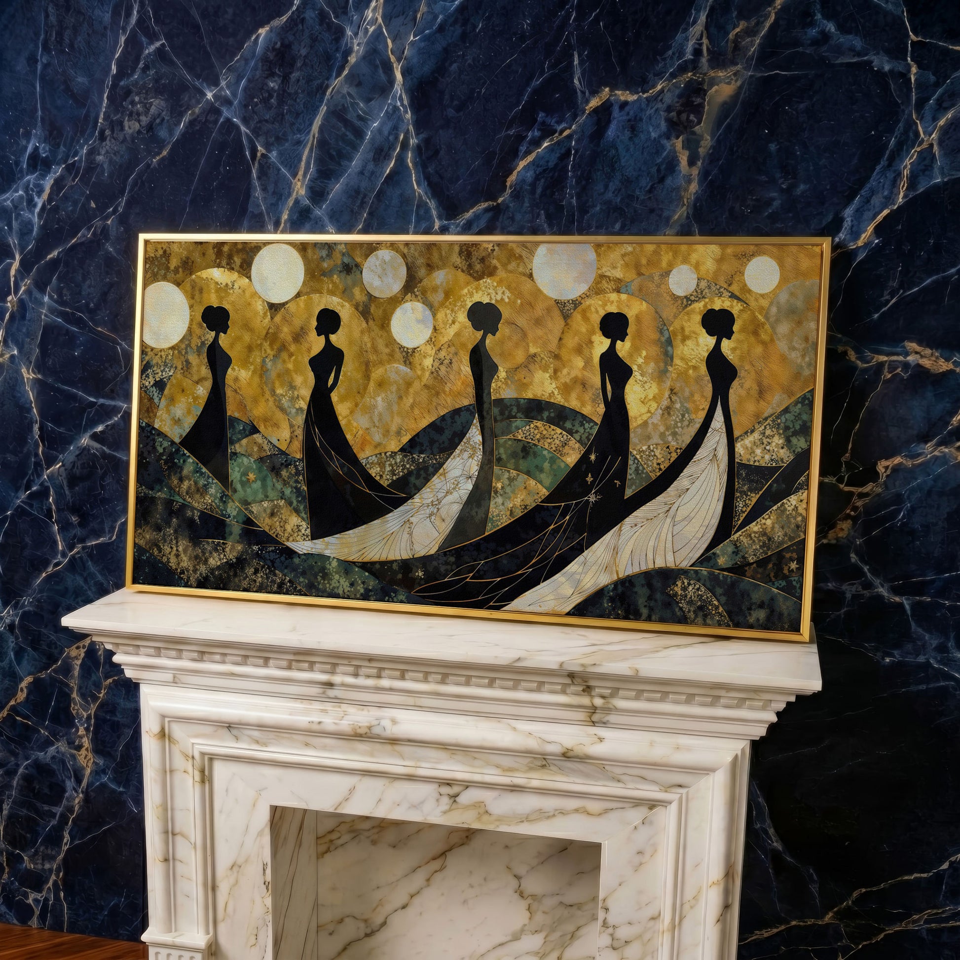 Art Deco Silhouettes in Gowns, Golden Orbs Abstract Canvas Art in yellow gold floating frame