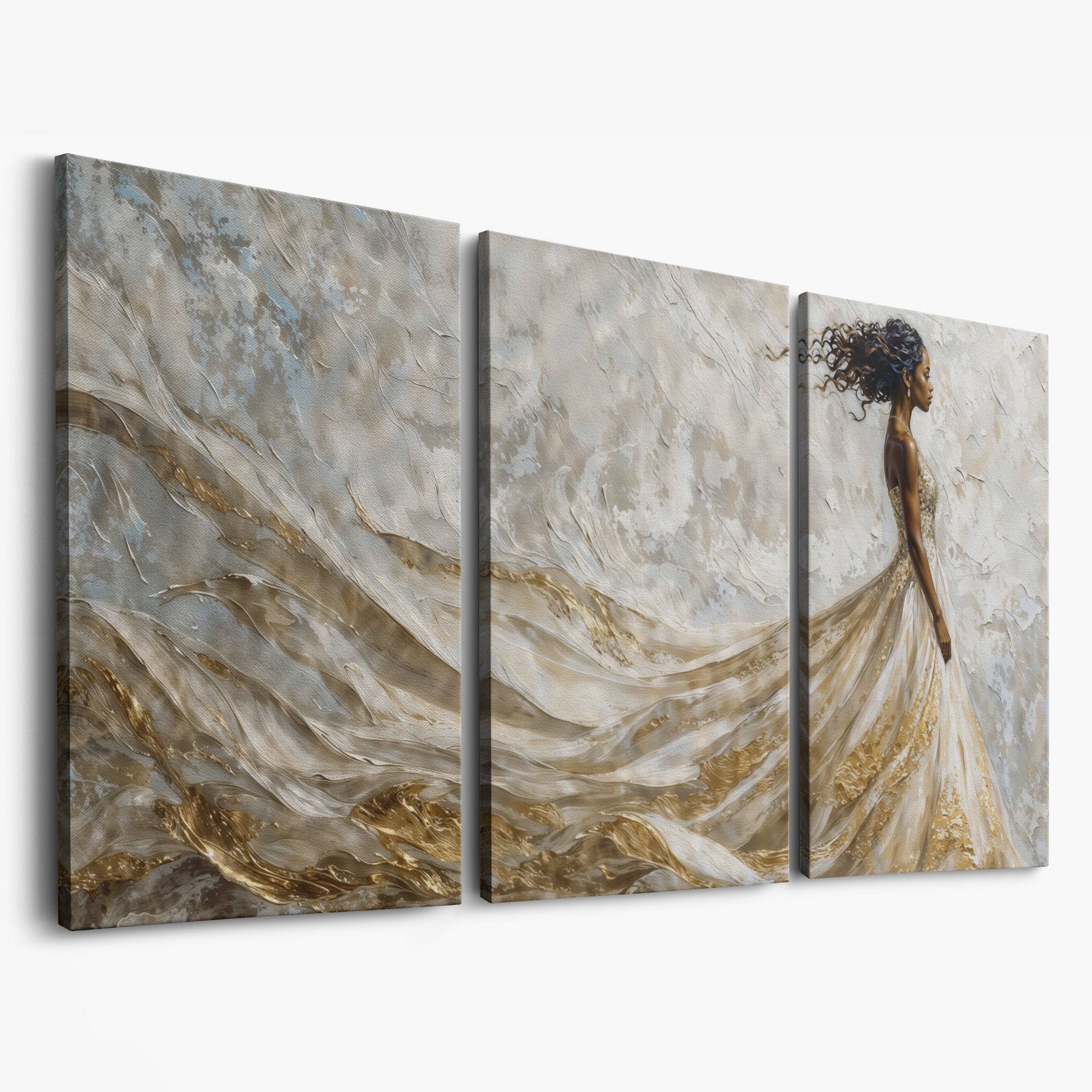 Black Woman in Flowing Gown Canvas Art as 3-panel split version