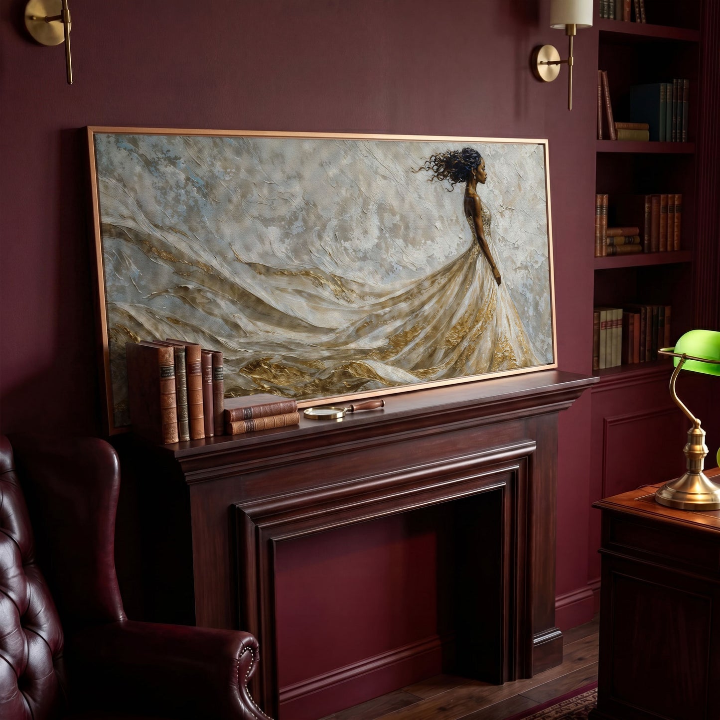 Black Woman in Flowing Gown Canvas Art in antique gold floating frame