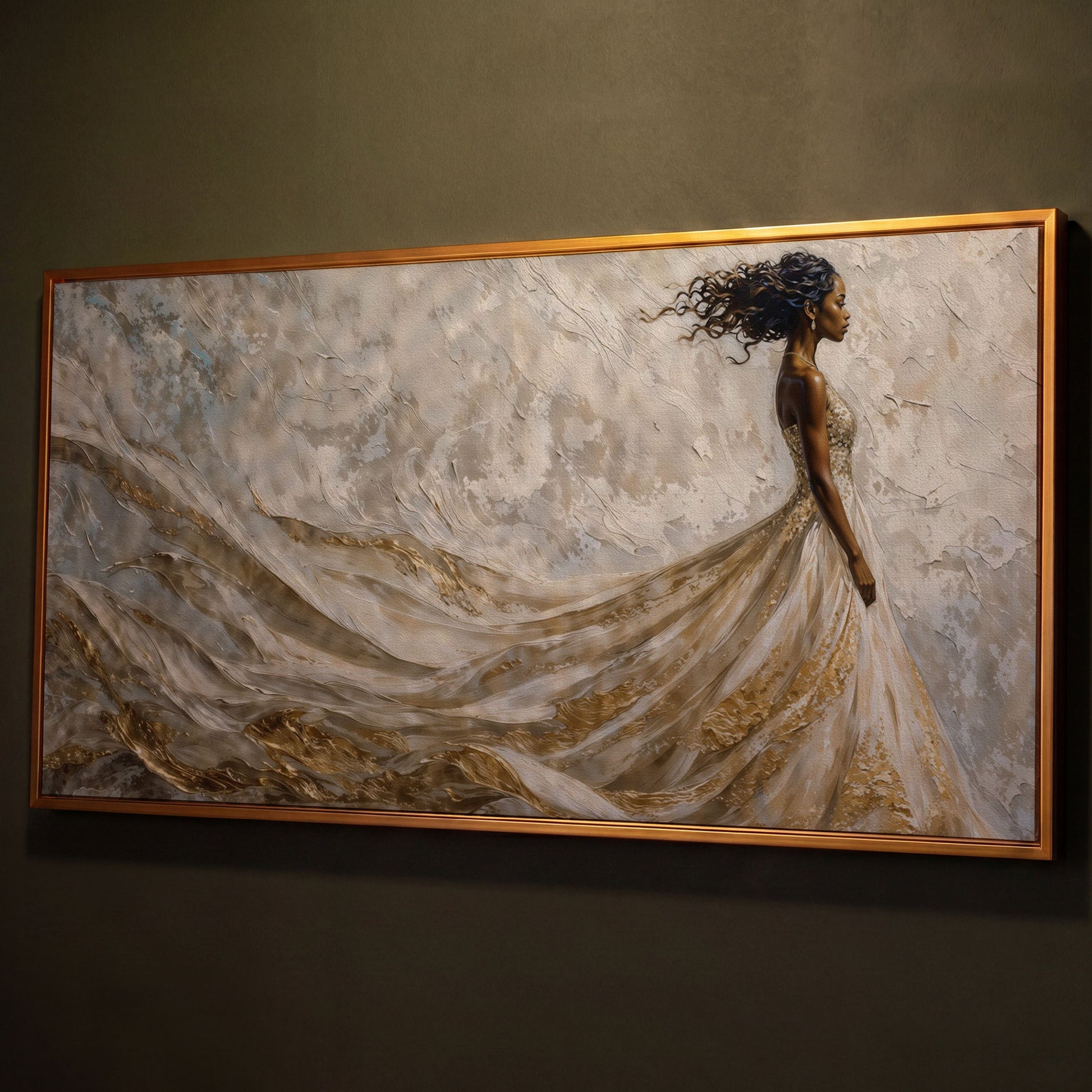 Black Woman in Flowing Gown Canvas Art shown in antique gold floating frame