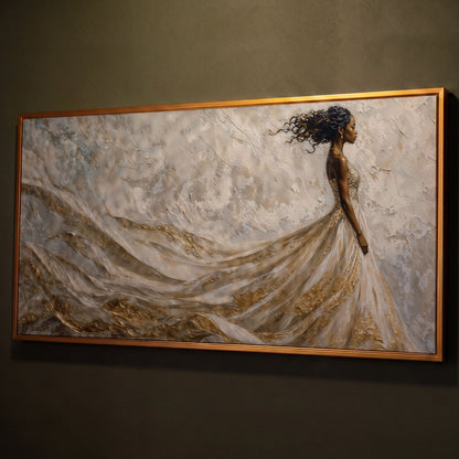 Black Woman in Flowing Gown Canvas Art shown in antique gold floating frame
