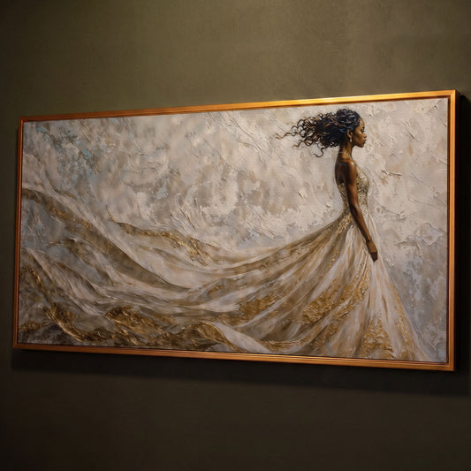 Black Woman in Flowing Gown Canvas Art shown in antique gold floating frame
