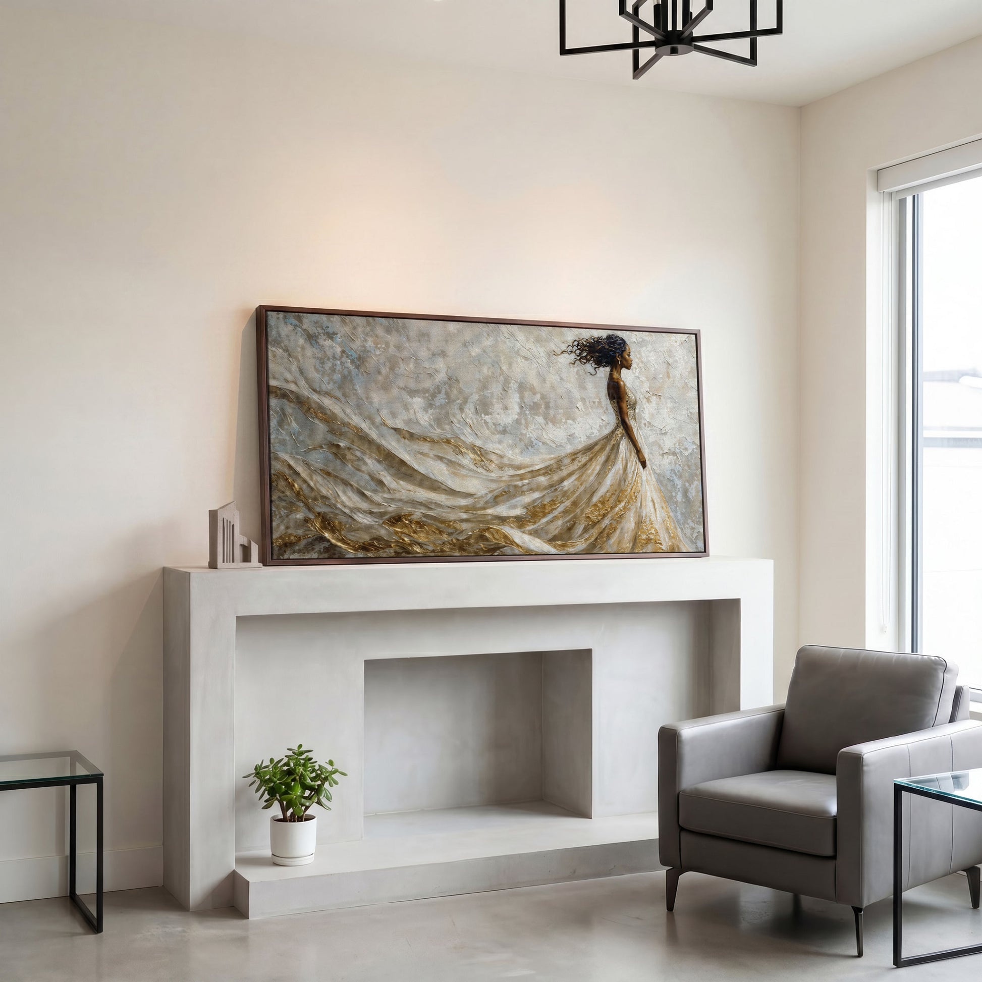 Black Woman in Flowing Gown Canvas Art in dark walnut floating frame