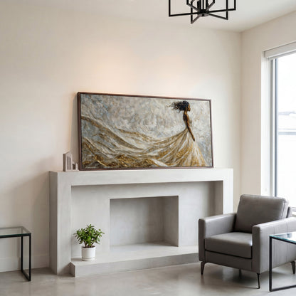 Black Woman in Flowing Gown Canvas Art in dark walnut floating frame