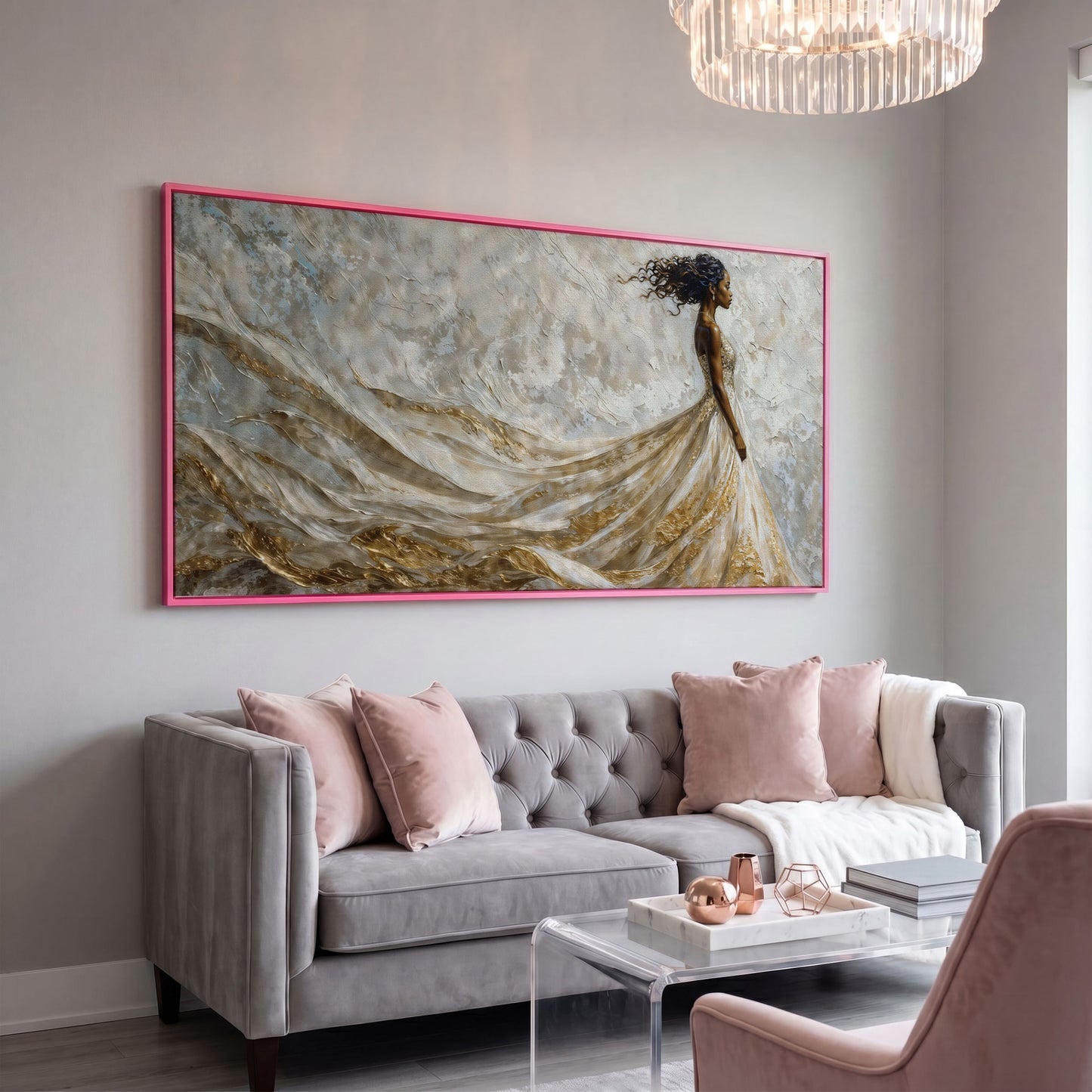 Black Woman in Flowing Gown Canvas Art in pink floating frame