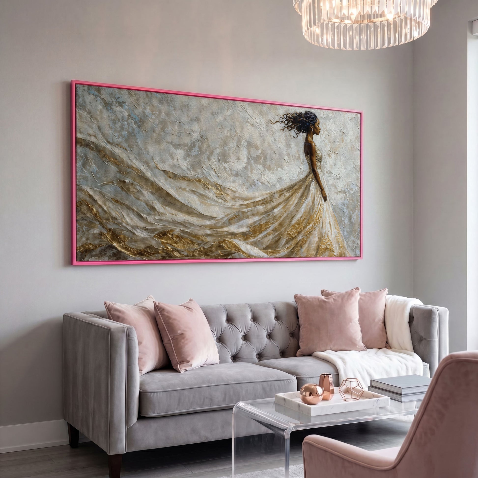 Black Woman in Flowing Gown Canvas Art in pink floating frame