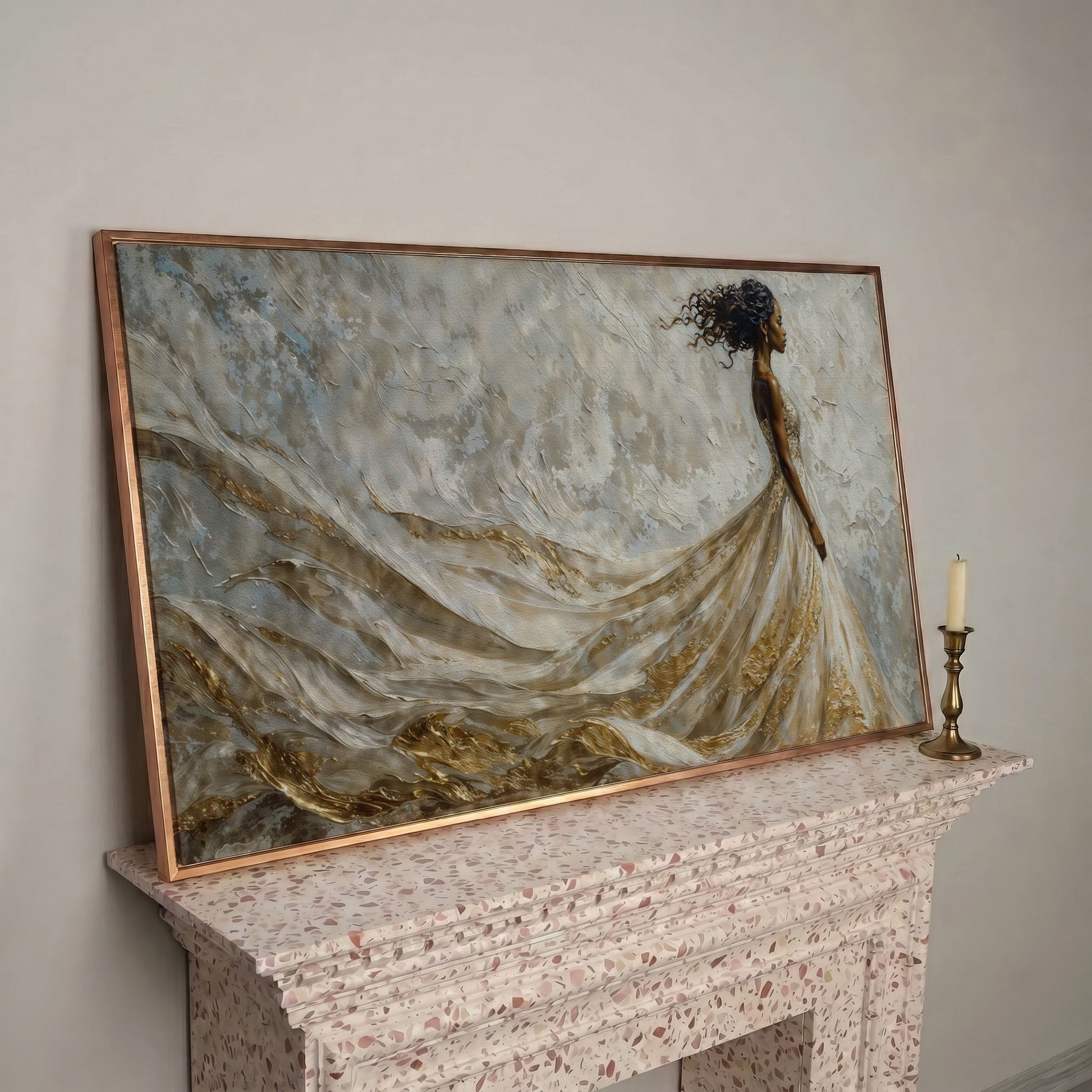 Black Woman in Flowing Gown Canvas Art in rose gold floating frame